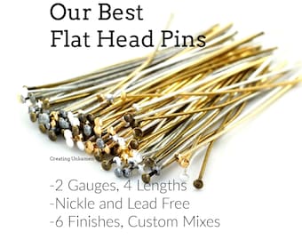 100 Flat Head Pins - Silver, Gold, Antique Silver, Antique Gold, Gunmetal, Rose Gold - 21 gauge or 24 gauge