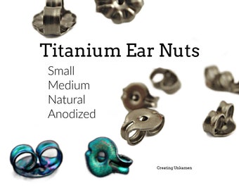 May include: A collection of titanium ear nuts in various sizes and finishes, including natural grey and iridescent anodized colors. The text Titanium Ear Nuts, Small, Medium, Natural, Anodized, and Creating Unkamen is visible on the image.