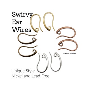 May include: Assortment of swirly ear wires in gold, silver, and copper tones.  The ear wires are unique in style and are nickel and lead free.  "Swirly Ear Wires" and "Unique Style Nickel and Lead Free" are written in black text on a white background.