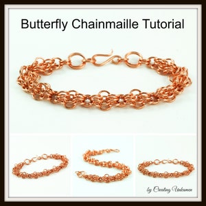 Puede incluir: Un brazalete de malla de cadena de cobre con un diseño de mariposa. El brazalete se muestra en tres posiciones diferentes, con un primer plano del patrón de malla de cadena. El brazalete está hecho por Creating Unkamen.