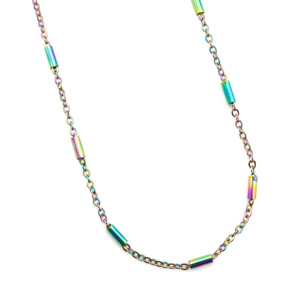 2mm Cable Chain with Tube Beads in Rainbow Anodized Surgical Steel - By the Foot or Finished Necklace