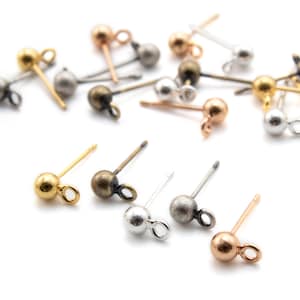 4 Pairs 4mm Ball Ear Posts with 1.5mm Loops in Silver Plate, Rose Gold, Antique Gold, Antique Silver with Optional Ear Backs