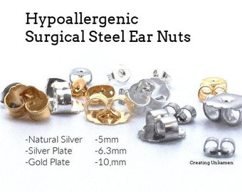 20 Pairs Hypoallergenic Surgical Steel Ear Nuts, Backs, Clutches - Small, Medium or Large - Natural Silver, Gold Plate, Silver Plate