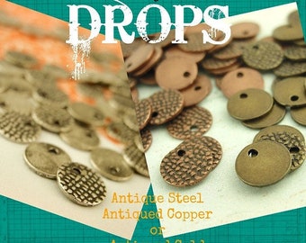 25 Antique Textured Drops - 7mm Charms in Antique Silver,  Antique Copper or Antique Gold - 100% Guarantee