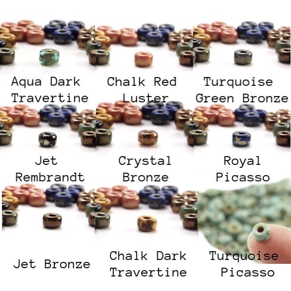 25 - 2/0 Matubo Czech Beads - Royal Picasso, Turquoise Blue Picasso, Jet Rembrandt, Crystal Bronze, Aqua Dark Travertine, Chalk Red Luster