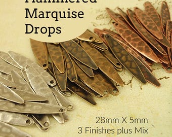 Hammered Marquise Leaf Drops, Antique Silver, Antique Gold, Antique Copper (28x5mm)