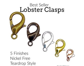 2 Lobster Clasps - Teardrop Style in 4 Sizes in Silver, Gold, Antique Gold, Copper or Gunmetal Plated Brass - 100% Guarantee