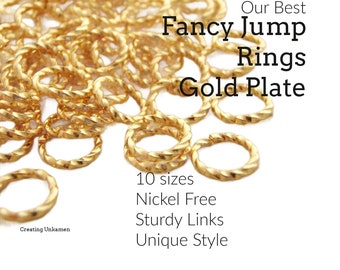 100 Fancy Gold Plated Jump Rings in 14, 16, 18, 20 gauge - You Pick Diameter - Best Commercially Made - 100% Guarantee