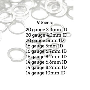 Puede incluir: Primer plano de una variedad de anillos de salto de plata en diferentes tama&ntilde;os. El texto de la imagen dice: "9 tama&ntilde;os: 20 gauge 3,3 mm ID, 20 gauge 4,2 mm ID, 20 gauge 5 mm ID, 16 gauge 5 mm ID, 16 gauge 6,7 mm ID, 16 gauge 8,2 mm ID, 14 gauge 6,6 mm ID, 14 gauge 8,2 mm ID, 14 gauge 10 mm ID."