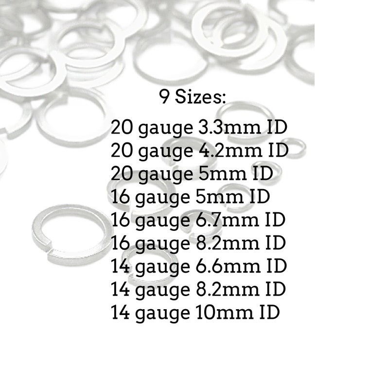 Puede incluir: Primer plano de una variedad de anillos de salto de plata en diferentes tama&ntilde;os. El texto de la imagen dice: "9 tama&ntilde;os: 20 gauge 3,3 mm ID, 20 gauge 4,2 mm ID, 20 gauge 5 mm ID, 16 gauge 5 mm ID, 16 gauge 6,7 mm ID, 16 gauge 8,2 mm ID, 14 gauge 6,6 mm ID, 14 gauge 8,2 mm ID, 14 gauge 10 mm ID."