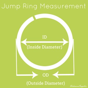 May include: Diagram showing how to measure the inside diameter (ID) and outside diameter (OD) of a jump ring. The ID is the measurement across the inside of the ring, and the OD is the measurement across the outside of the ring.