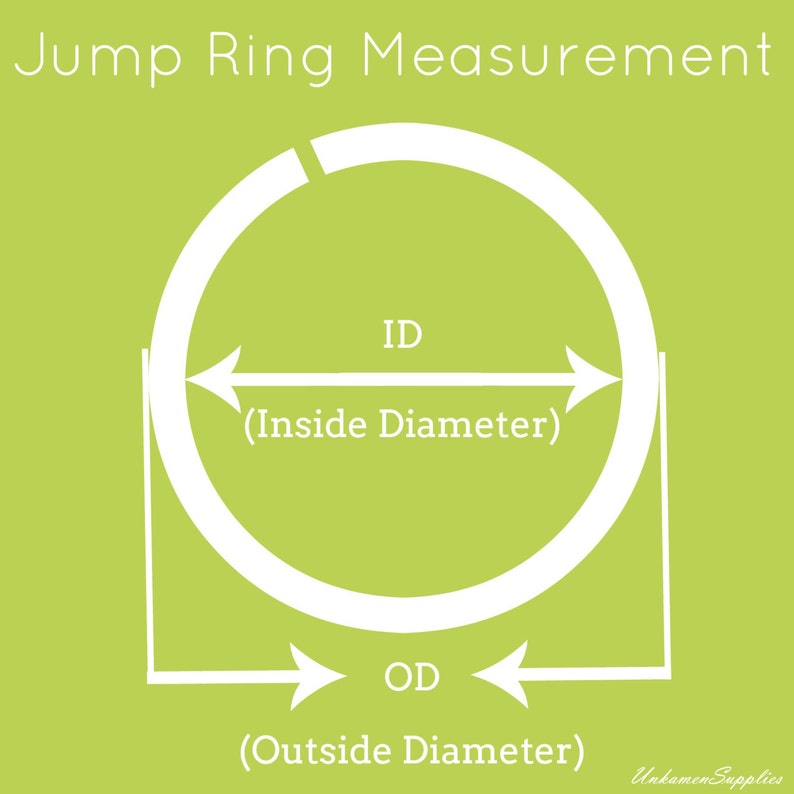 May include: Diagram showing how to measure the inside diameter (ID) and outside diameter (OD) of a jump ring. The ID is the measurement across the inside of the ring, and the OD is the measurement across the outside of the ring.
