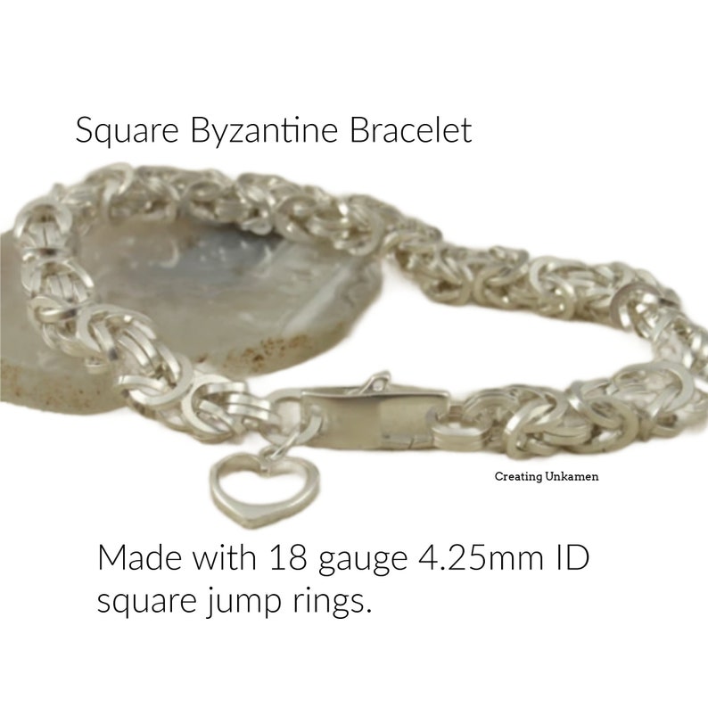 May include: A silver-colored square Byzantine bracelet featuring a lobster claw clasp and a small heart-shaped charm. The text reads Square Byzantine Bracelet, Creating Unkamen, and Made with 18 gauge 4.25mm ID square jump rings.