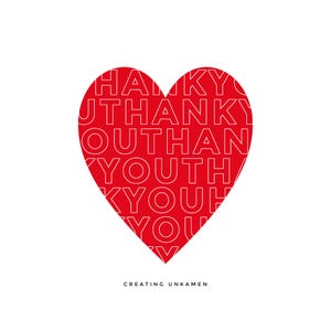 May include: Red heart-shaped graphic with the words "Thank You" repeated in a white outline.