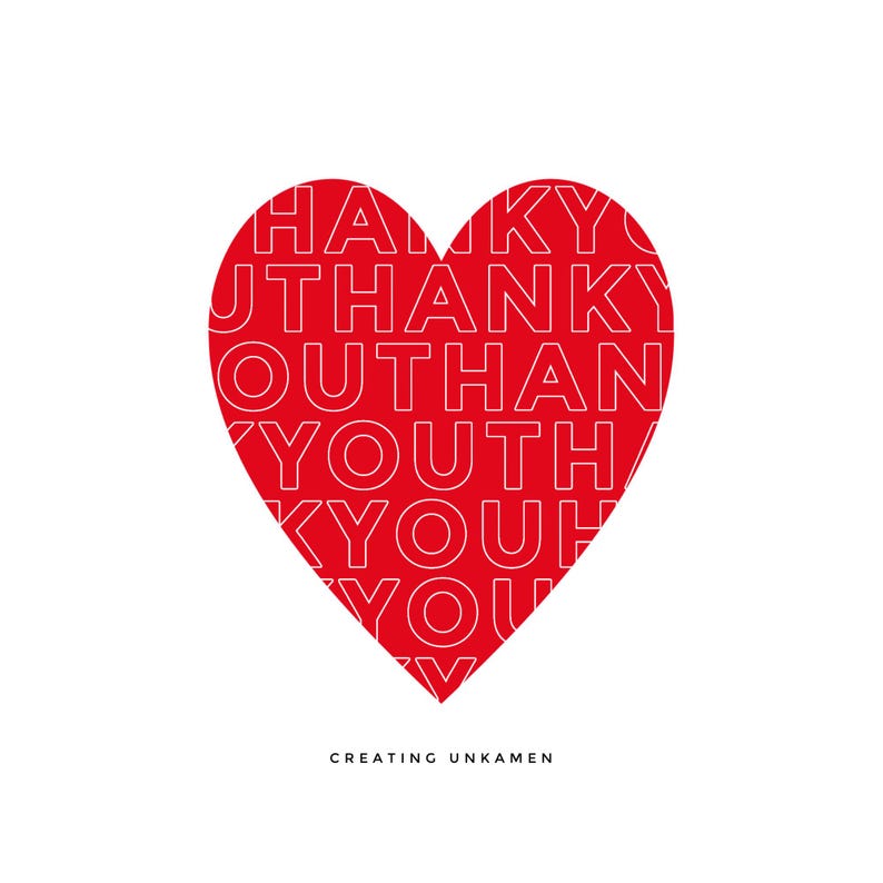 May include: Red heart-shaped graphic with the words "Thank You" repeated in a white outline.
