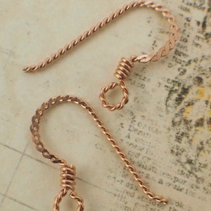 May include: Two copper-colored earring hooks. Each hook features a twisted wire design for the main body, transitioning to a flattened, braided section at the top. The bottom of each hook has a small, coiled loop.