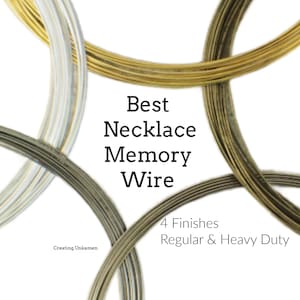 May include: Close-up of four different finishes of memory wire for jewelry making. The wire is in silver, gold, brass, and black. The text reads "Best Necklace Memory Wire 4 Finishes Regular & Heavy Duty".