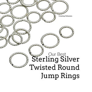 May include: A close-up of a pile of silver twisted jump rings. The rings are all the same size and are made of sterling silver. The text "Our Best Sterling Silver Twisted Round Jump Rings" is written below the rings.