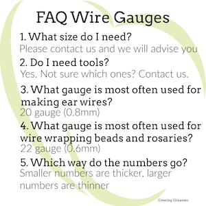May include: An informational graphic titled FAQ Wire Gauges with a light green heart-shaped background. It lists five questions and answers regarding wire sizes, tools, and gauges, specifically noting 20 gauge is 0.8mm and 22 gauge is 0.6mm.