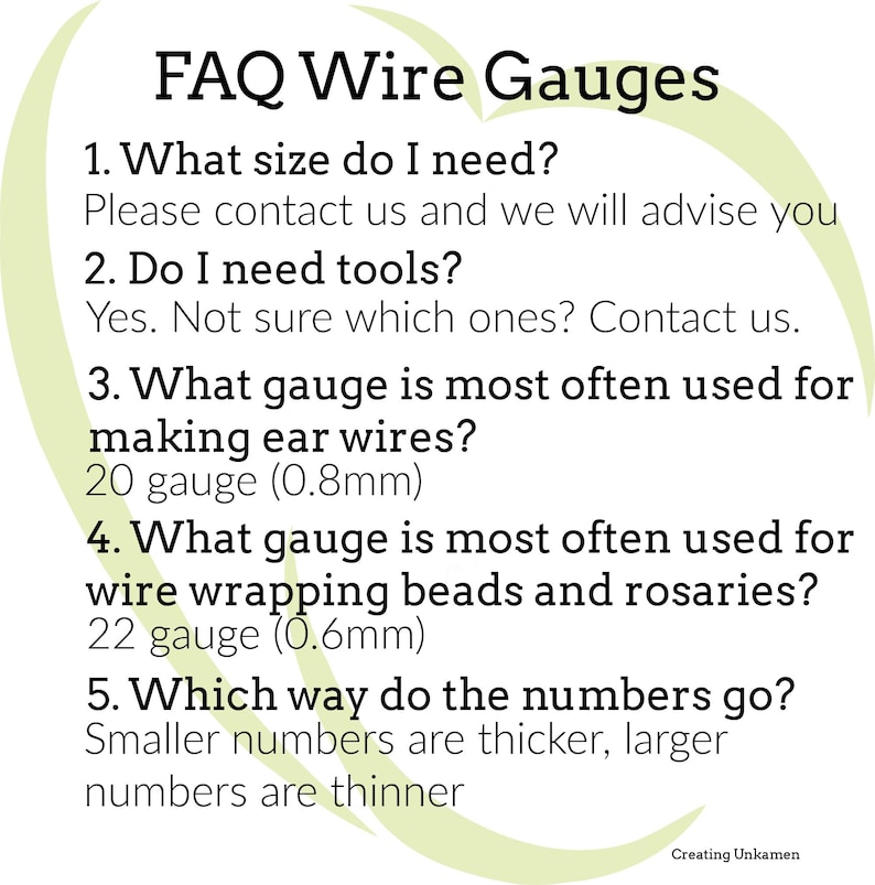 May include: An informational graphic titled FAQ Wire Gauges with a light green heart-shaped background. It lists five questions and answers regarding wire sizes, tools, and gauges, specifically noting 20 gauge is 0.8mm and 22 gauge is 0.6mm.