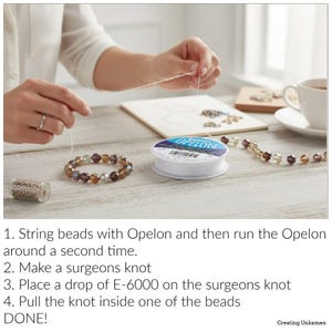 May include: A spool of white Opelon elastic cord, a partially assembled beaded bracelet with multi-colored faceted beads, and a small clear container of seed beads. The text instructions detail how to string beads, tie a surgeon's knot, and secure with E-6000 glue.