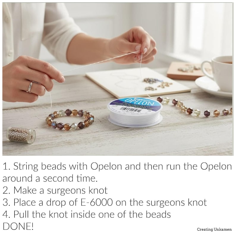 May include: A spool of white Opelon elastic cord, a partially assembled beaded bracelet with multi-colored faceted beads, and a small clear container of seed beads. The text instructions detail how to string beads, tie a surgeon's knot, and secure with E-6000 glue.