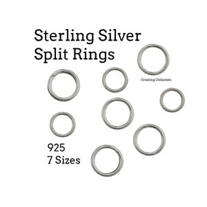 May include: Seven different sizes of sterling silver split rings. The rings are all silver and are arranged in a scattered pattern on a white background. The text "925" and "7 Sizes" is printed below the rings. The text "Creating Unkamen" is printed in the upper right corner of the image.