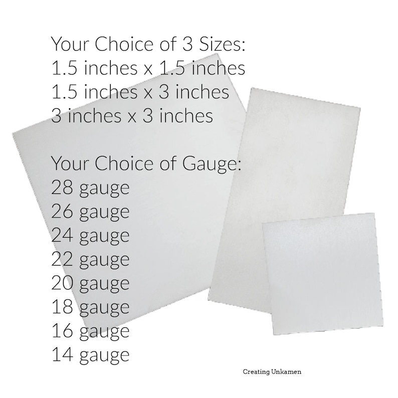 Op de afbeelding: Drie witte schuimrubberen vierkanten in verschillende maten, met de tekst "Your Choice of 3 Sizes: 1.5 inches x 1.5 inches, 1.5 inches x 3 inches, 3 inches x 3 inches" en "Your Choice of Gauge: 28 gauge, 26 gauge, 24 gauge, 22 gauge, 20 gauge, 18 gauge, 16 gauge, 14 gauge".