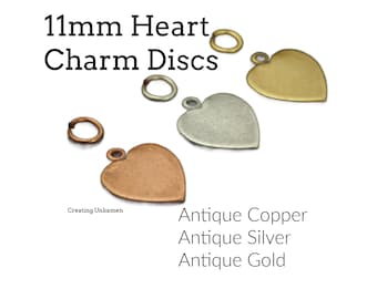 12 Small Heart Charm Blanks in Antique Copper, Antique Gold, Antique Silver in 11mm X 10mm - Perfect for Stamping -  100% Guarantee