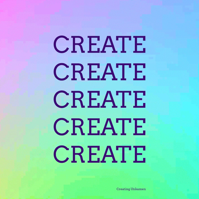 K&ouml;nnte beinhalten: Ein lebendiger, farbenfroher Hintergrund mit dem Wort "CREATE", das f&uuml;nfmal in einer fetten, dunkelvioletten Schrift wiederholt wird.