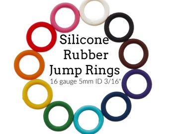 May include: A circular arrangement of multi-colored silicone rubber jump rings in red, pink, white, black, brown, purple, dark blue, light blue, green, yellow, and orange. Text reads: Silicone Rubber Jump Rings 16 gauge 5mm ID 3/16".