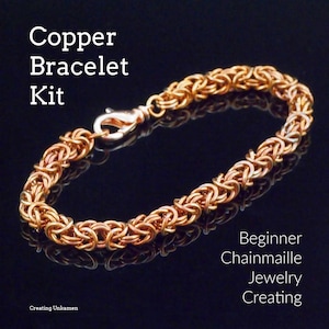 May include: Copper chainmaille bracelet kit for beginners. The kit includes all the materials needed to create a copper bracelet. The bracelet is made of small, interlocking rings.