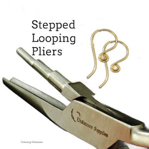 May include: Close-up of a pair of stepped looping pliers with a gold earring hook being formed. The pliers are labelled "Unkamen Supplies".