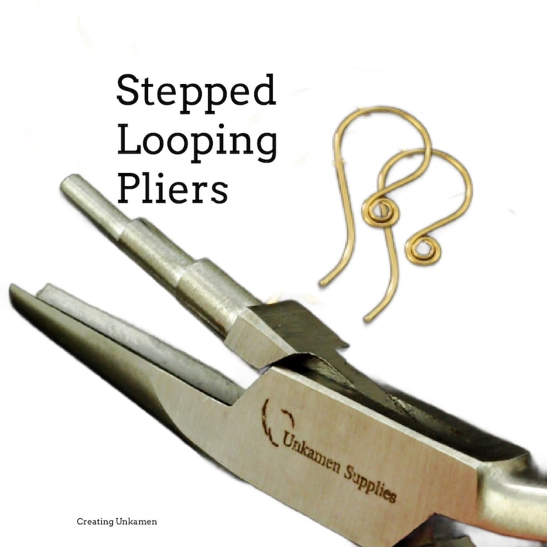 May include: Close-up of a pair of stepped looping pliers with a gold earring hook being formed. The pliers are labelled "Unkamen Supplies".