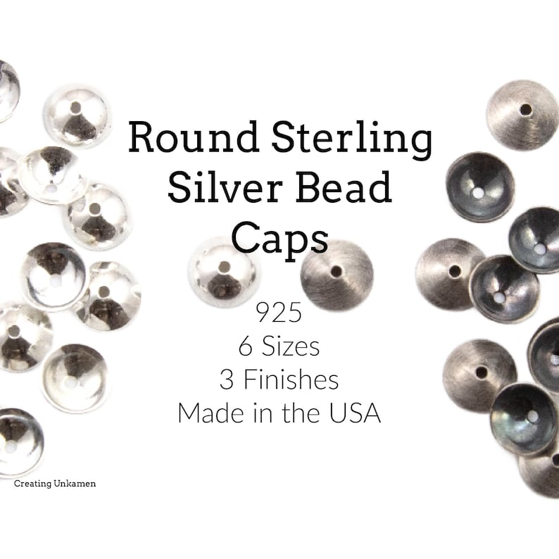 Round Sterling Silver Bead Caps 2.5mm, 3mm, 4mm, 5mm, 8mm, 10mm in Shiny, Antique Silver or Black Silver Finish image 1