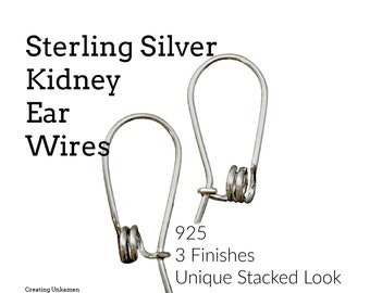 1 Pair Kidney Ear Wires Sterling Silver Double Spiral - 19 gauge in Shiny, Antique and Black