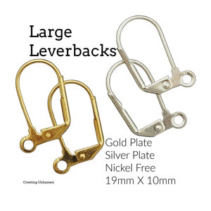 May include: Two pairs of large leverback earring findings, one pair is gold plated and the other is silver plated. Both pairs are nickel free and measure 19mm x 10mm.