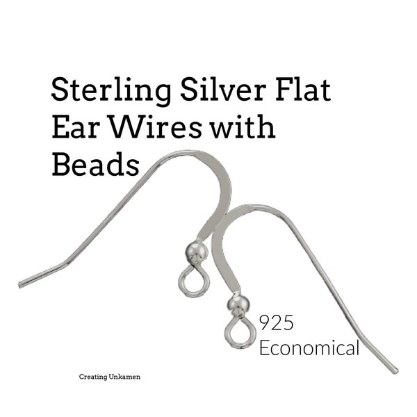 Sterling Silver Flat Ear Wires with Bead - 22 gauge - Economical Choice in Shiny, Antique or Black Finishes