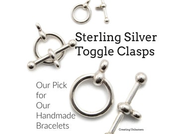 May include: Sterling silver toggle clasps, a popular choice for handmade bracelets. The clasps are made of polished silver and feature a round ring and a bar with a small ball on each end.