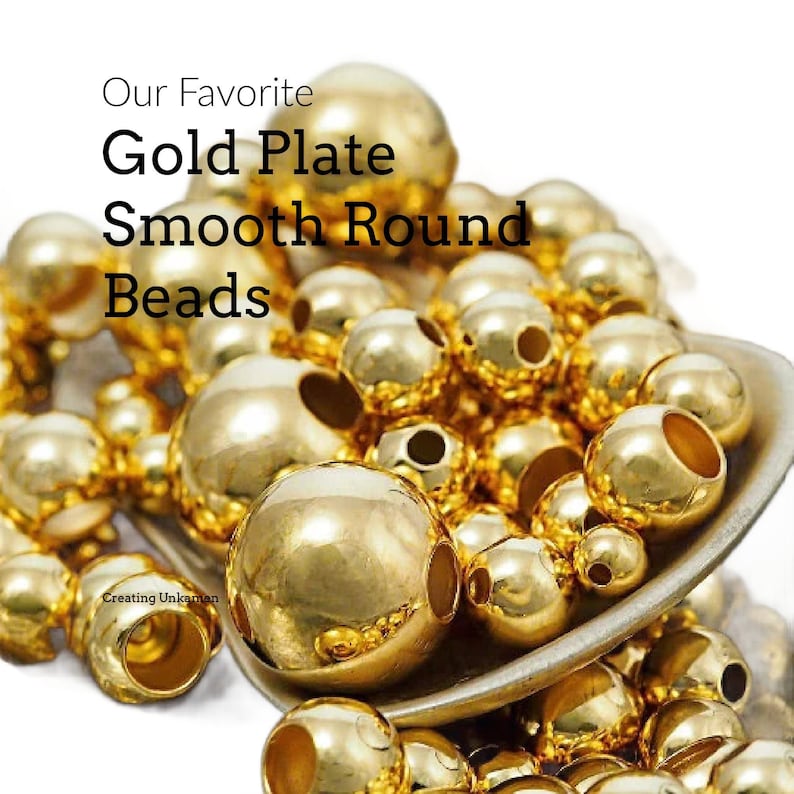 50 Gold Plated Smooth Round Beads You Pick Size 2.5mm, 3mm, 4mm, 5mm, 6mm, 7mm, 8mm, 9mm, 10mm or Mix image 1