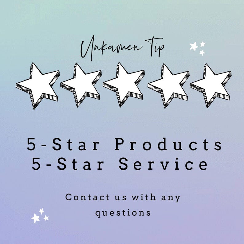 May include: A graphic with five white stars, the text "Unkamen Tip", and the text "5-Star Products 5-Star Service". Below the stars is the text "Contact us with any questions".