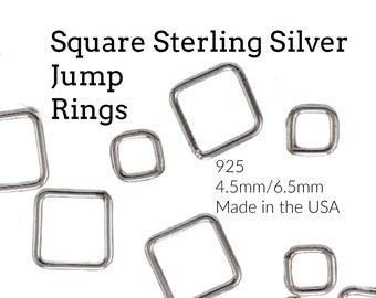 4 Square Sterling Silver Jump Rings in 4.5mm or 6.5mm ID - Soldered Closed - Links, Charms, Embelishments - Shiny, Antique or Black