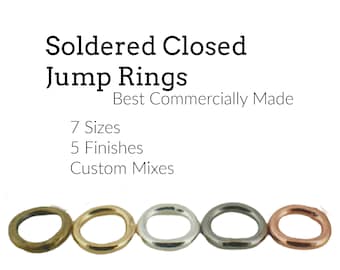 100 Soldered Closed Jump Rings 20 and 18 gauge 7 Sizes - Best Commercially Made - Silver Plate, Gold Plate, Antique Gold, Gunmetal, Copper