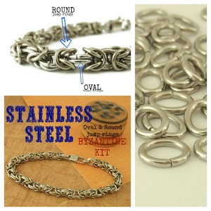 K&ouml;nnte beinhalten: Byzantinischer Kettenhemd-Kit aus Edelstahl mit ovalen und runden Sprungringen. Das Kit enth&auml;lt ein fertiges Armband und lose Sprungringe.