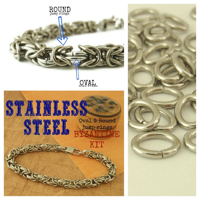 K&ouml;nnte beinhalten: Byzantinischer Kettenhemd-Kit aus Edelstahl mit ovalen und runden Sprungringen. Das Kit enth&auml;lt ein fertiges Armband und lose Sprungringe.
