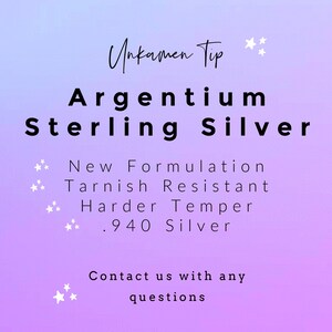 May include: A gradient purple and blue background with white text that reads "Unkamen Tip Argentium Sterling Silver." Additional text describes the product as a new formulation, tarnish resistant, harder temper, and .940 silver. The bottom text says "Contact us with any questions."
