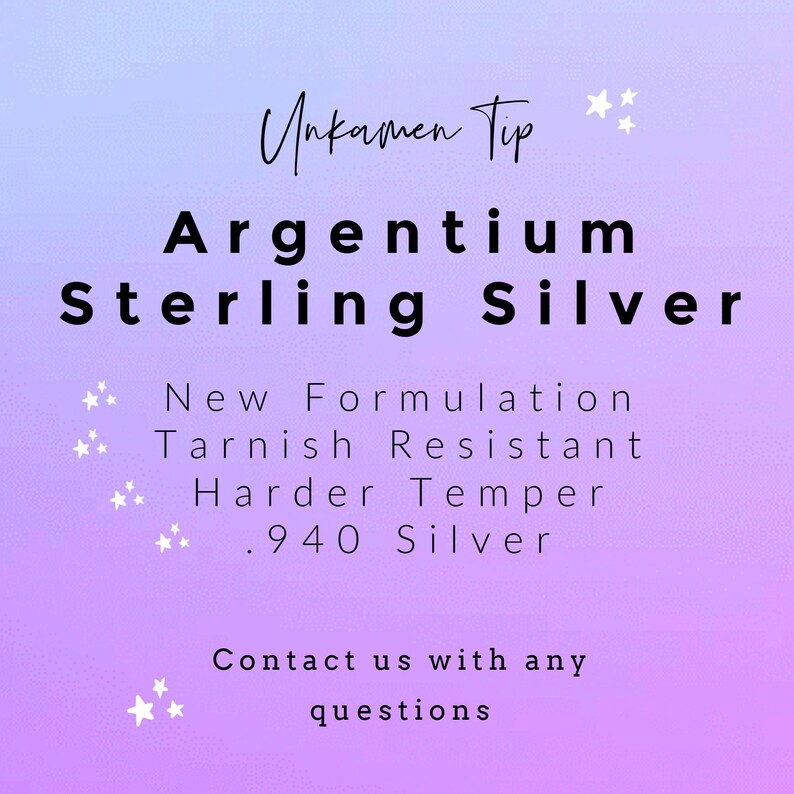 May include: A gradient purple and blue background with white text that reads "Unkamen Tip Argentium Sterling Silver." Additional text describes the product as a new formulation, tarnish resistant, harder temper, and .940 silver. The bottom text says "Contact us with any questions."