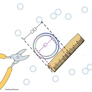 Puede incluir: Un diagrama que muestra c&oacute;mo medir el di&aacute;metro interior (ID) y el di&aacute;metro exterior (OD) de un anillo usando una regla y un cortador de alambre. El anillo est&aacute; dibujado en blanco con un contorno morado. La regla est&aacute; dibujada en marr&oacute;n con marcas moradas.