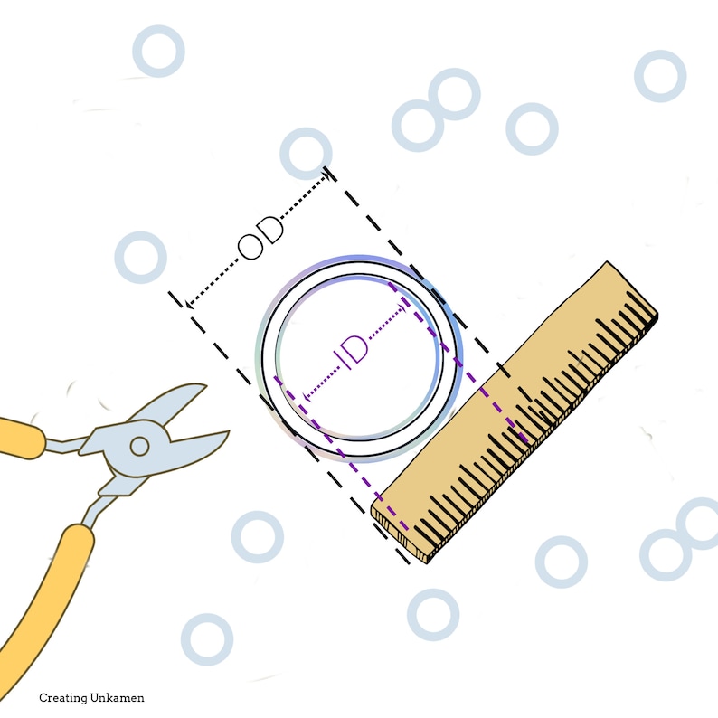 Puede incluir: Un diagrama que muestra c&oacute;mo medir el di&aacute;metro interior (ID) y el di&aacute;metro exterior (OD) de un anillo usando una regla y un cortador de alambre. El anillo est&aacute; dibujado en blanco con un contorno morado. La regla est&aacute; dibujada en marr&oacute;n con marcas moradas.