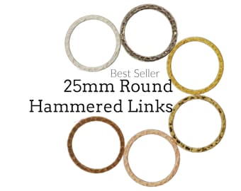 6 Hammered Jewelry Connectors - Round 25mm Silver Plate, Copper, Antique Copper, Antique Gold, Gunmetal